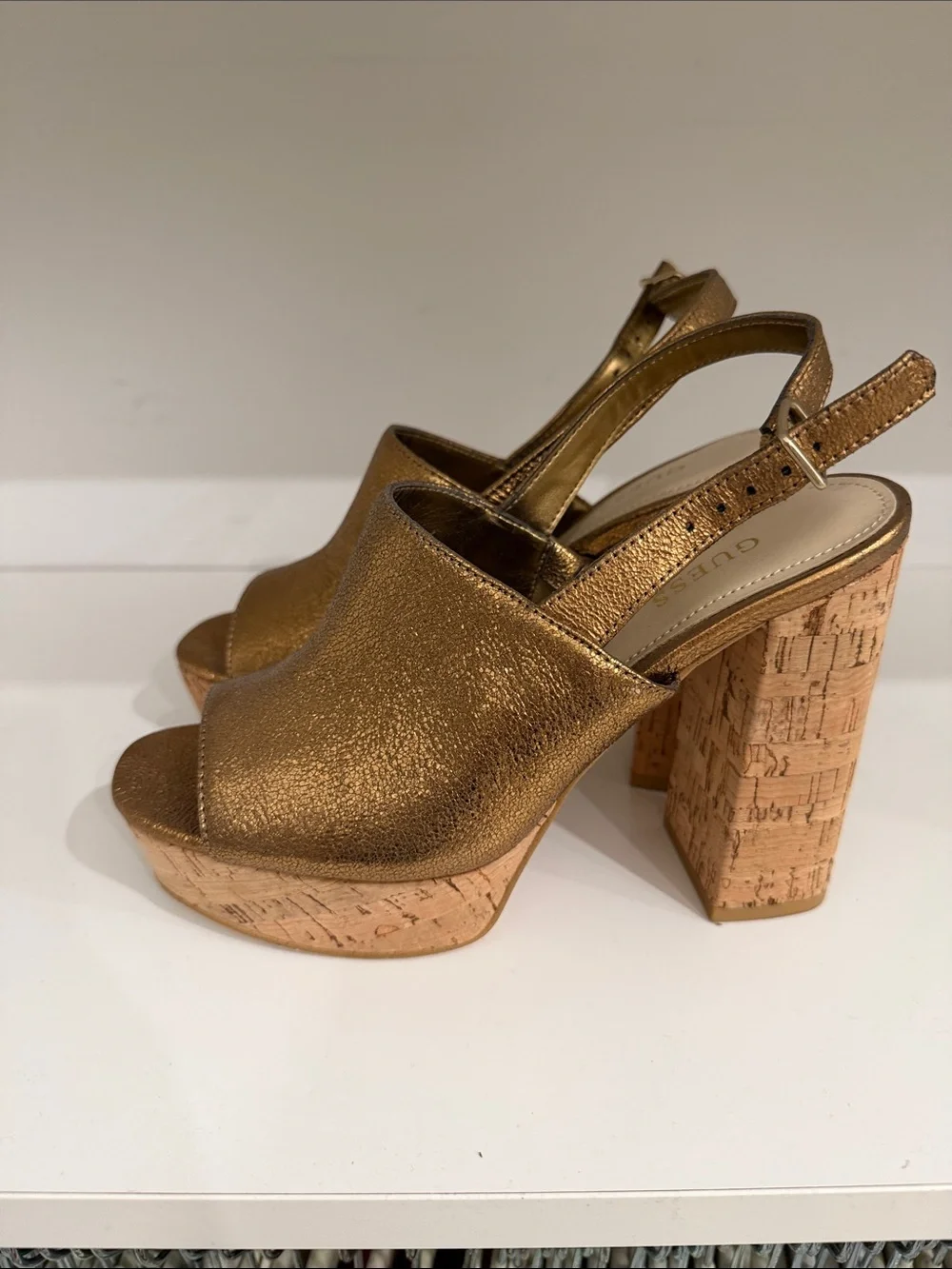 GUESS Metallic Bronze Open-Toe Cork Wedge Sandals